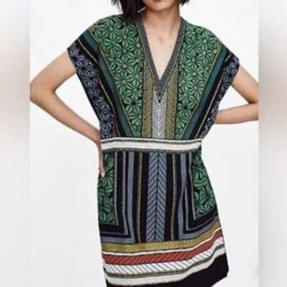 Zara Geometric V-Neck Mini Dress or Tunic with Gold Thread Accents Size Small